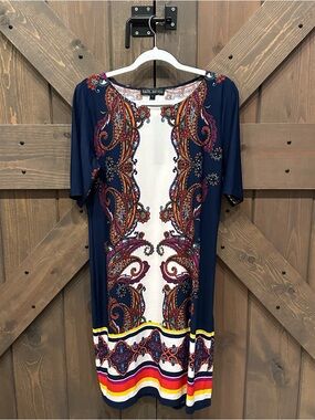 karin stevens Navy Dress with Multicolor Paisley Accents